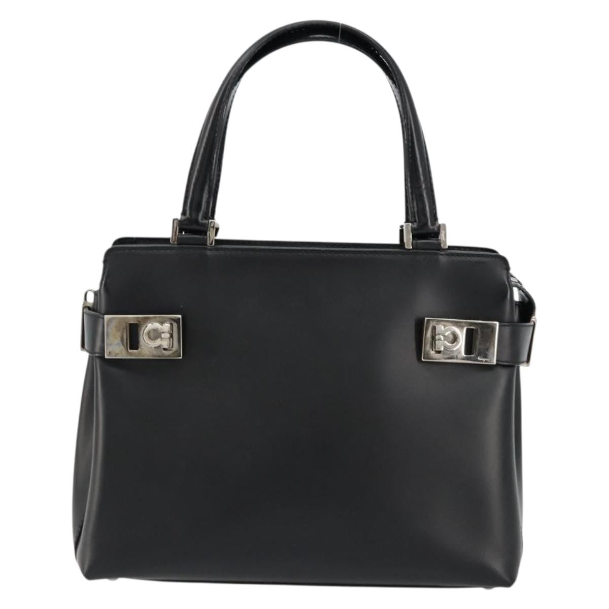 Salvatore Ferragamo Double Gancini Side Buckle Leather, Black, Leather, Tote Bag