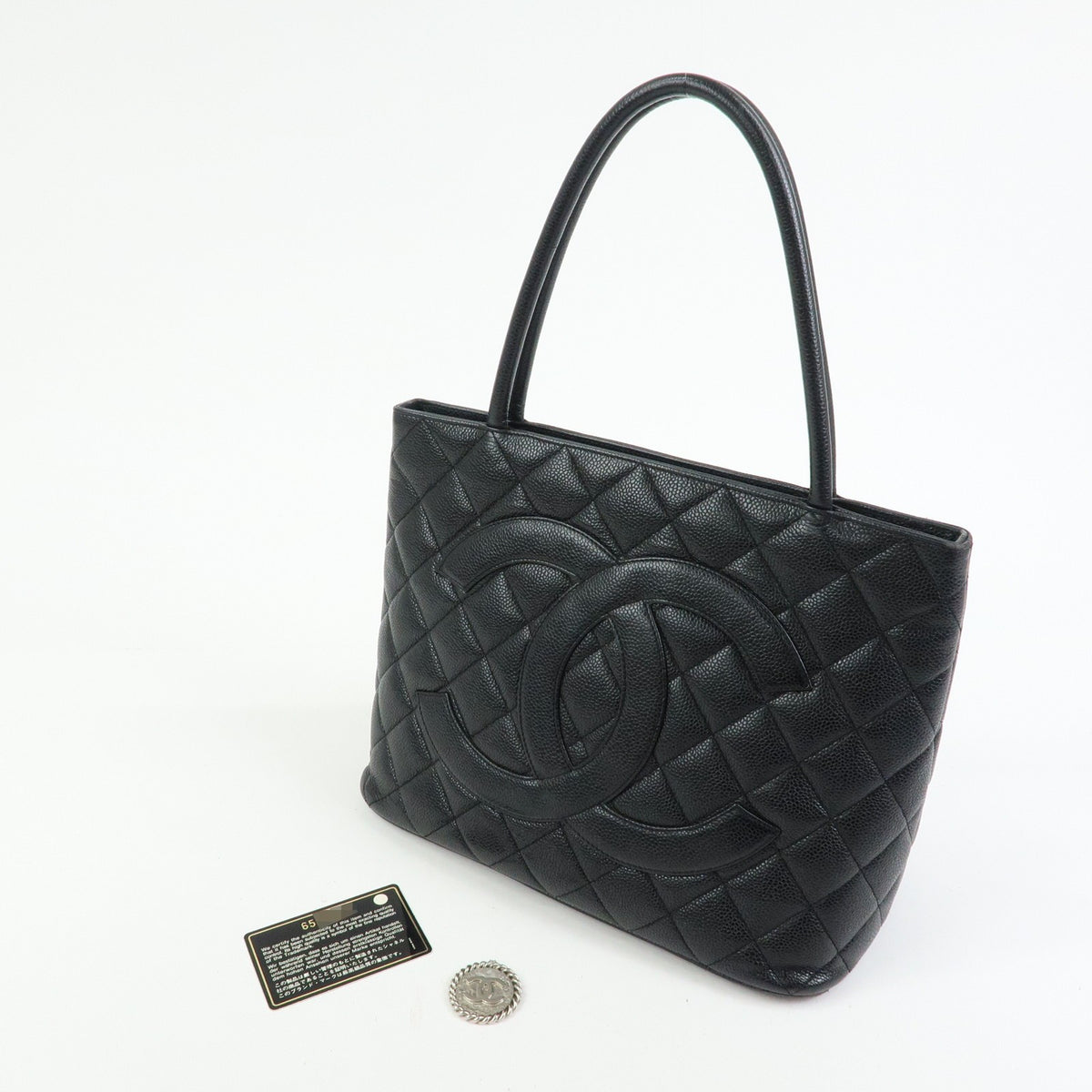 Chanel Medallion Quilted Caviar, Black, Leather, Tote Bag
