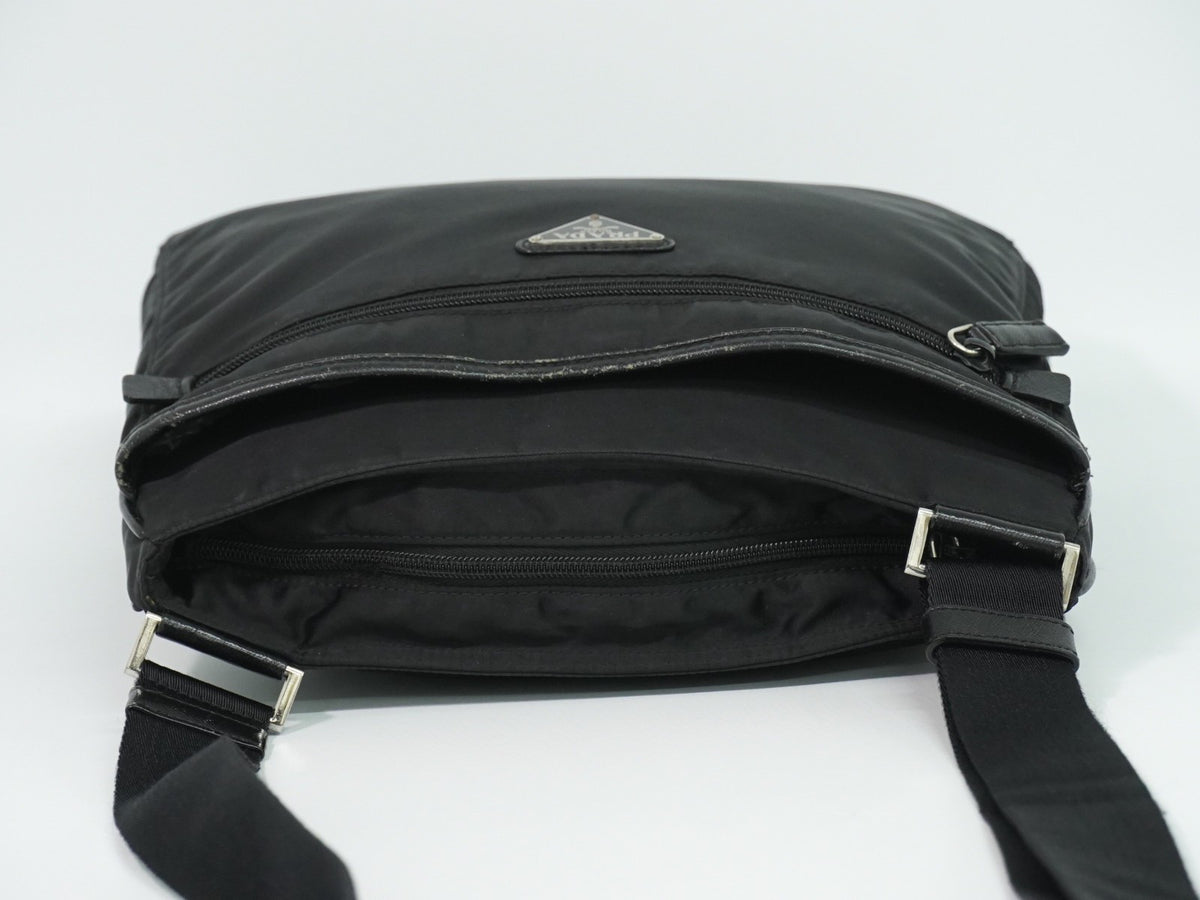 Prada Front Zip Messenger Quilted Tessuto, Black, Nylon, Shoulder Bag