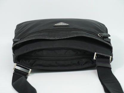 Prada Front Zip Messenger Quilted Tessuto, Black, Nylon, Shoulder Bag