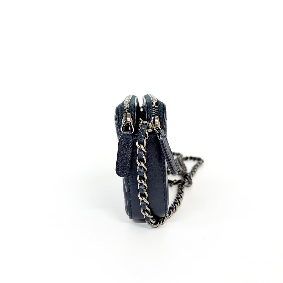 Chanel CC Double Zip Clutch with Chain Chevron Lambskin, Navy, Leather, Clutch