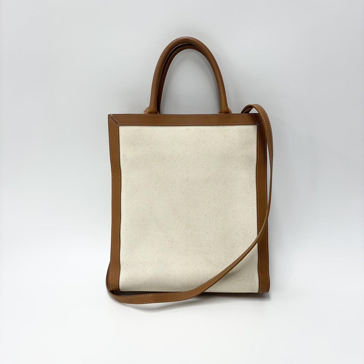 Celine Vertical Cabas Canvas with Leather, White, Canvas, Tote Bag