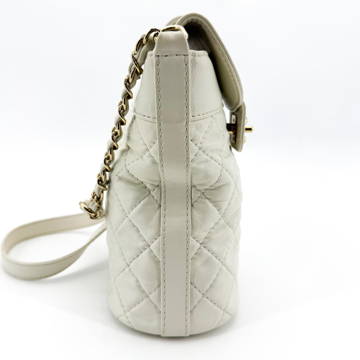 Chanel CC Lock Flap Bucket Quilted Lambskin, White, Leather, Shoulder Bag
