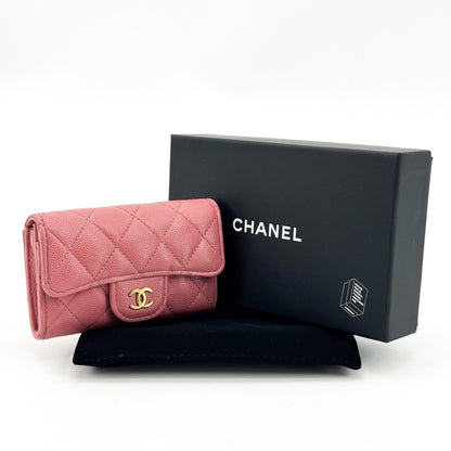 Chanel Classic Flap Card Case Quilted Caviar, Pink, Leather, Card Holder