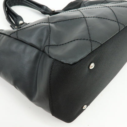 Chanel Biarritz Quilted Coated Canvas, Black, Leather, Tote Bag