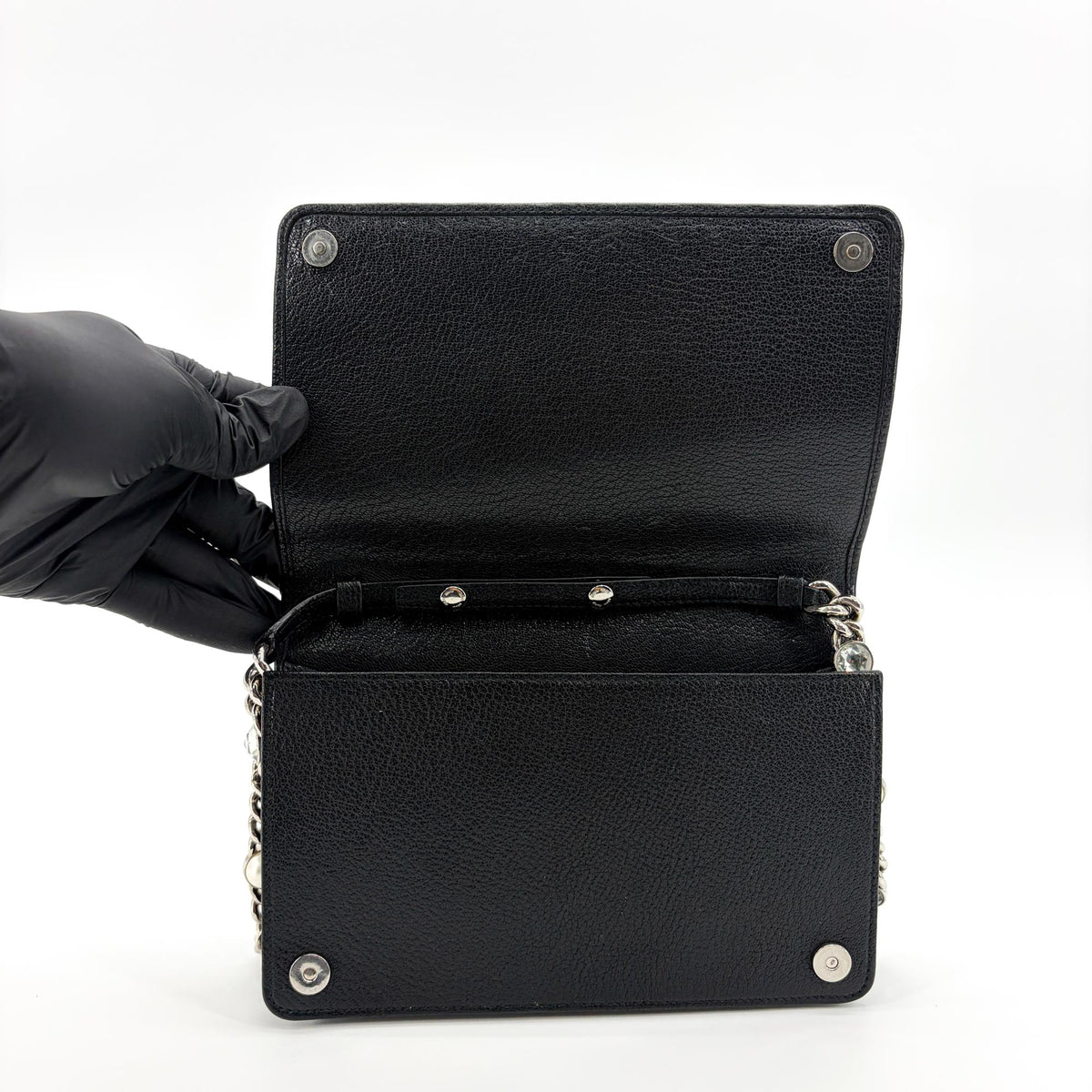 Miu Miu Crystal and Pearl Chain Clutch Embellished Leather, Black, Leather, Clutch