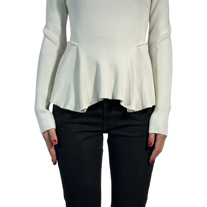 SPORTMAX Ribbed Knit Peplum Sweater Solid Long Sleeve Fitted White Women's M