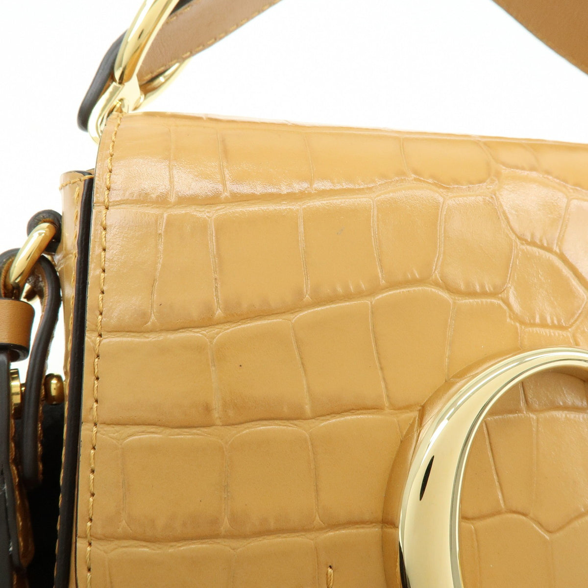 Chloe C Flap Crocodile Embossed Leather, Brown, Leather, Handbag