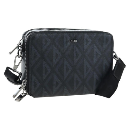 Christian Dior Double Zip CD Diamond Coated Canvas, Black, Canvas, Crossbody Bag