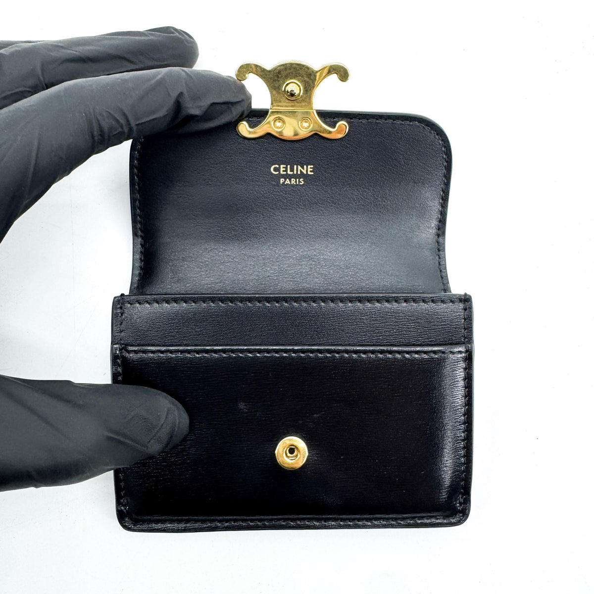 Celine Triomphe Card Case Leather, Black, Leather, Card Holder
