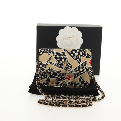 Chanel Flap Card Holder on Chain Quilted Printed Canvas, Beige, Satin, Shoulder Bag