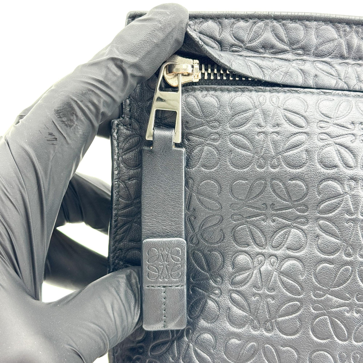 Loewe T Pouch Anagram Embossed Patent, Black, Leather, Clutch