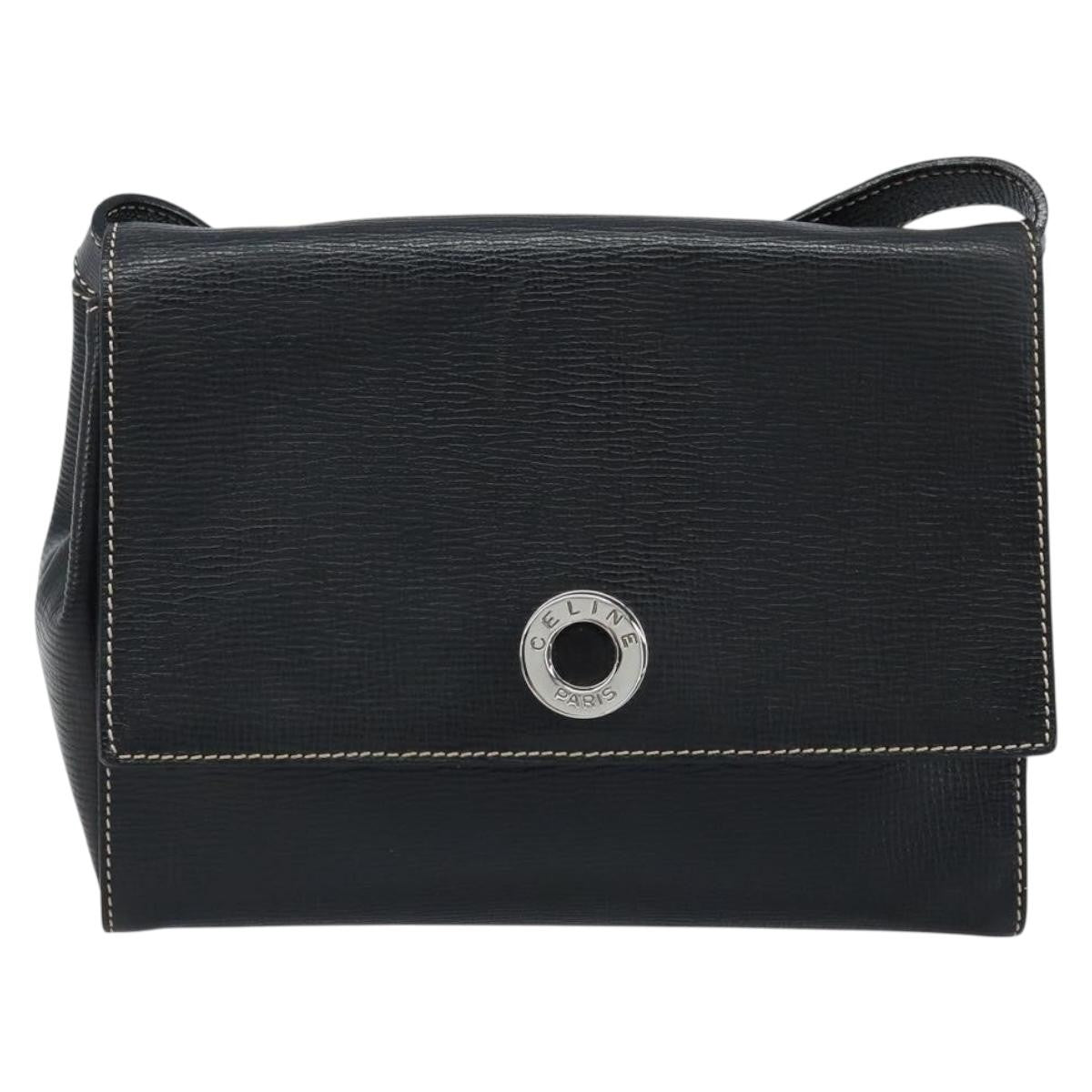 Celine Vintage Circle Logo Leather, Black, Leather, Crossbody Bag