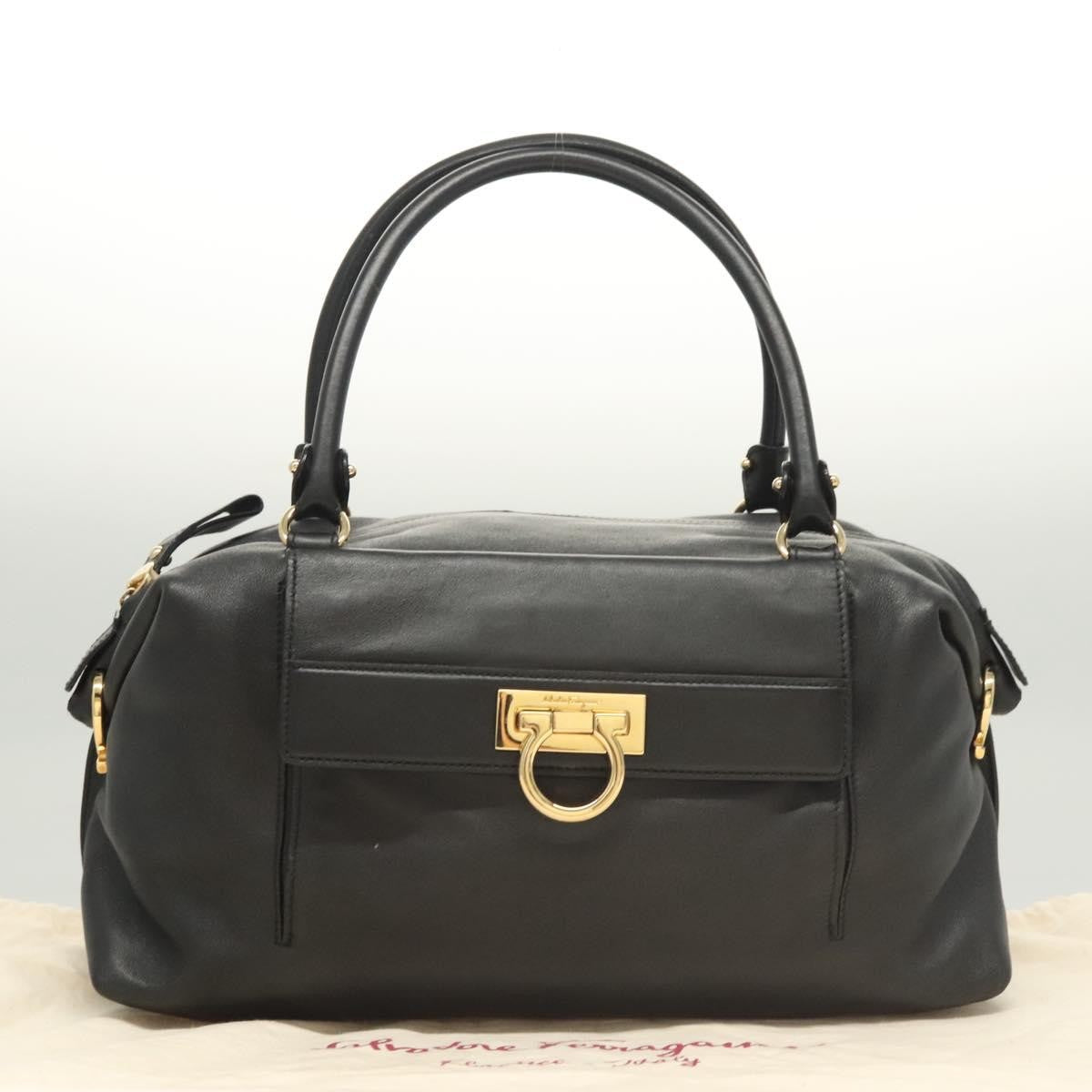 Salvatore Ferragamo Gancini Leather, Black, Leather, Handbag
