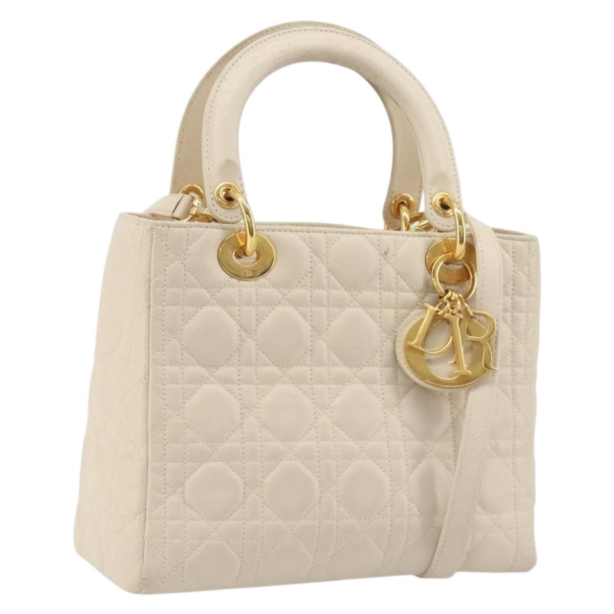 Christian Dior Lady Dior Cannage Quilt Lambskin, White, Leather, Handbag