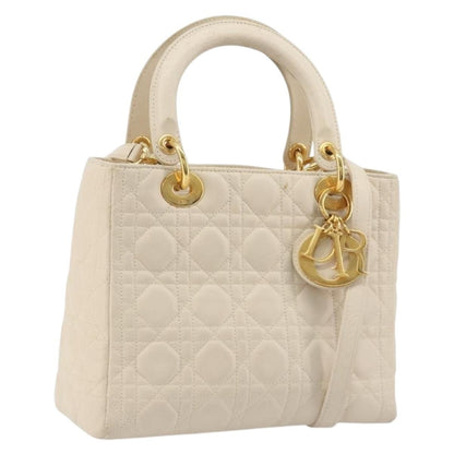 Christian Dior Lady Dior Cannage Quilt Lambskin, White, Leather, Handbag