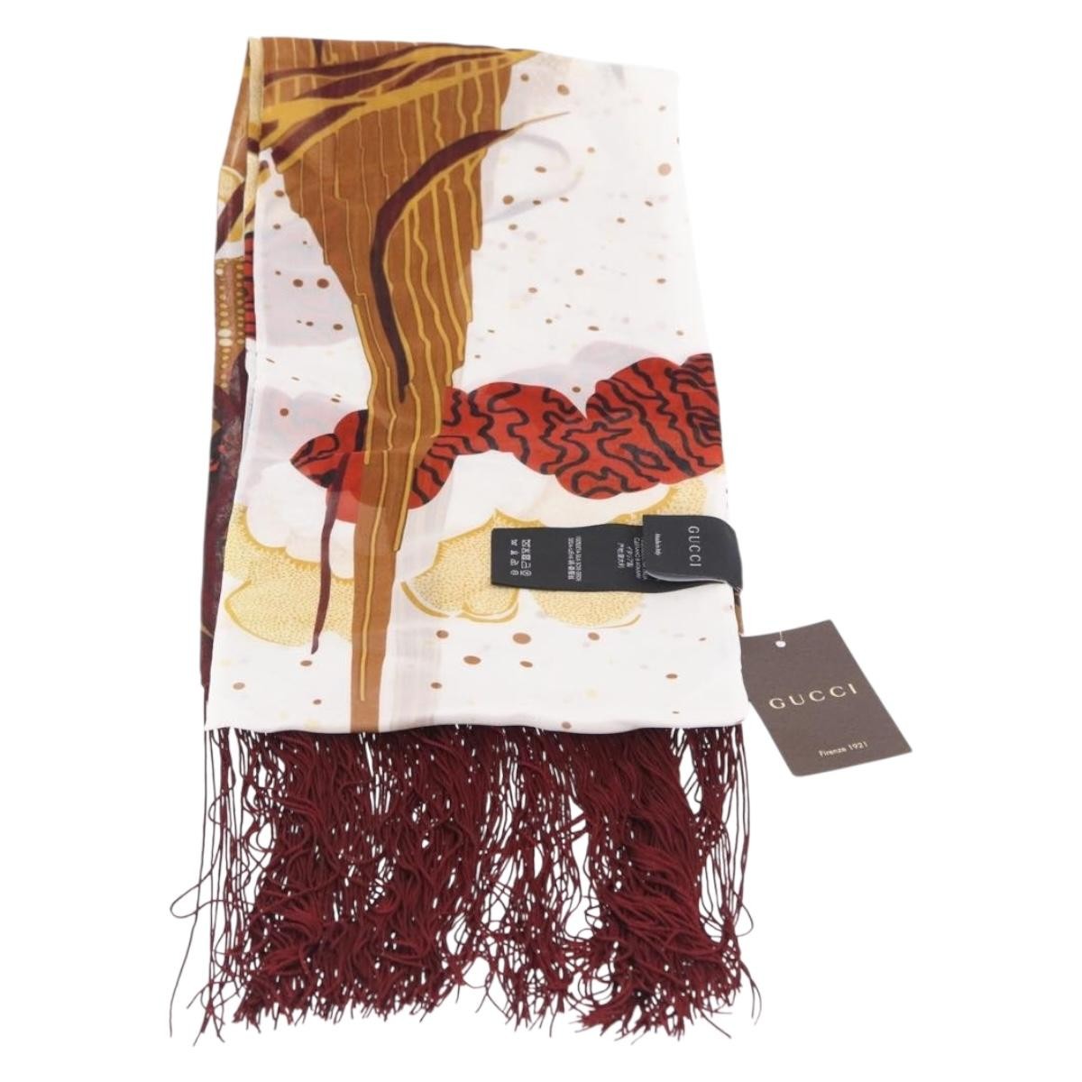 Gucci Printed Silk Fringed Scarf Silk, Burgundy, Silk, Scarf