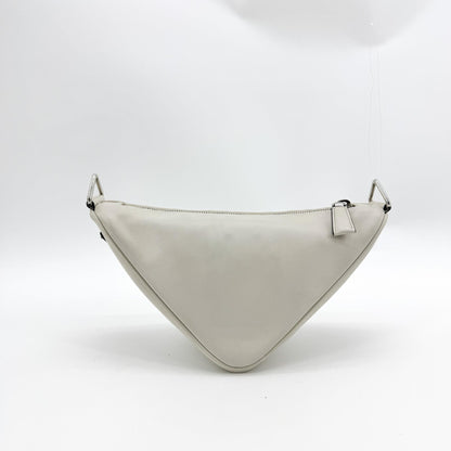 Prada Triangle Logo Zip Leather, White, Leather, Crossbody Bag