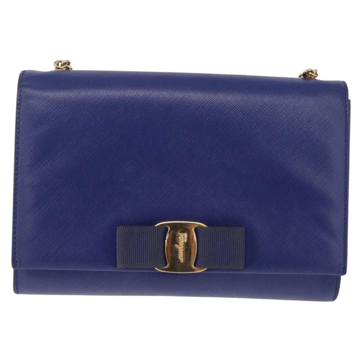Salvatore Ferragamo Vala Chain Leather, Blue, Leather, Shoulder Bag