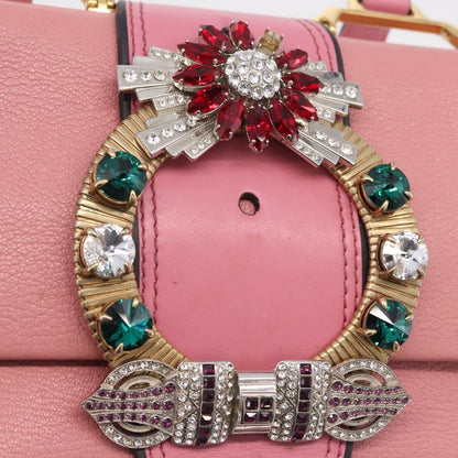 Miu Miu Madras Crystal Buckle Leather, Pink, Leather, Shoulder Bag