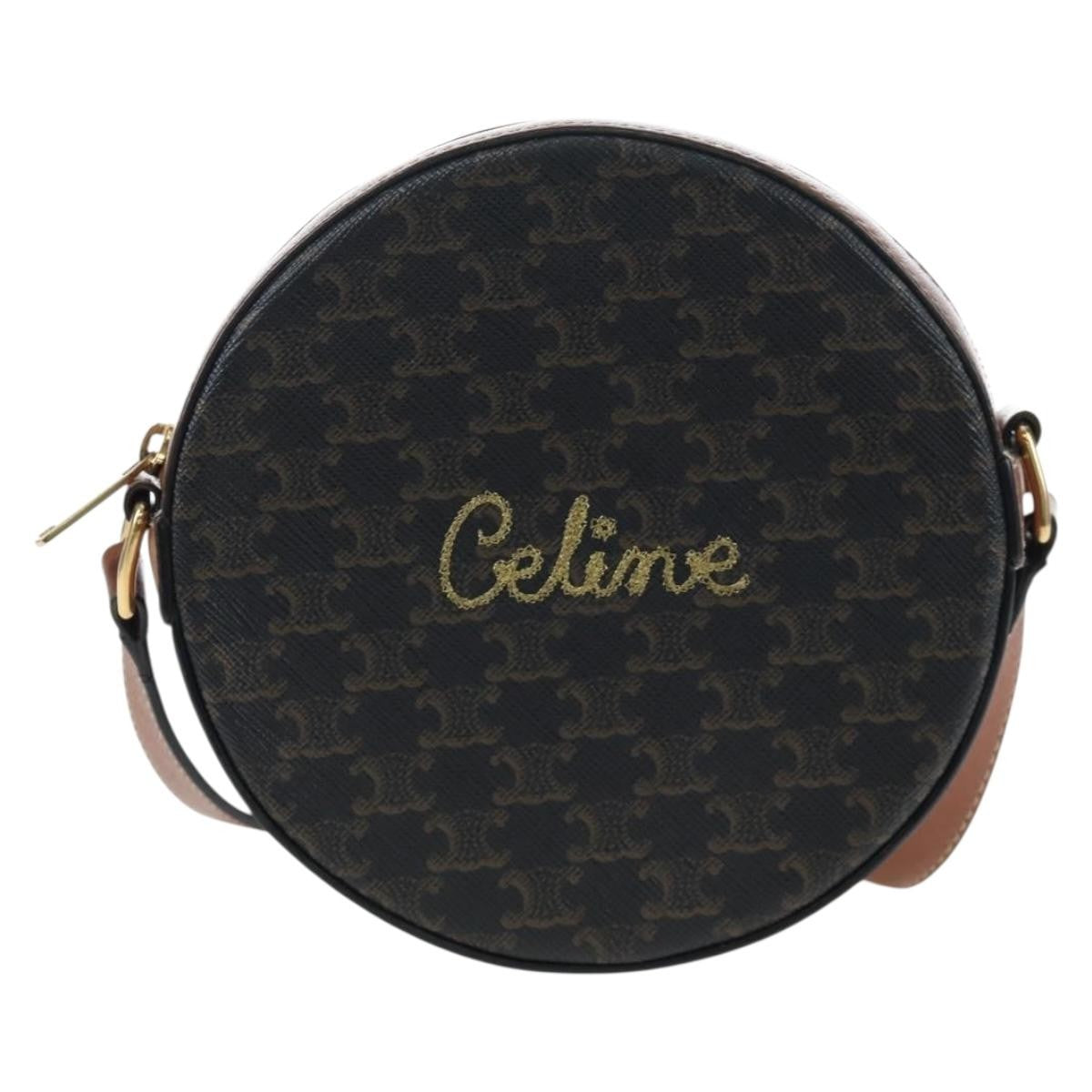 Celine Round Purse on Strap Triomphe Coated Canvas, Black, PVC, Shoulder Bag