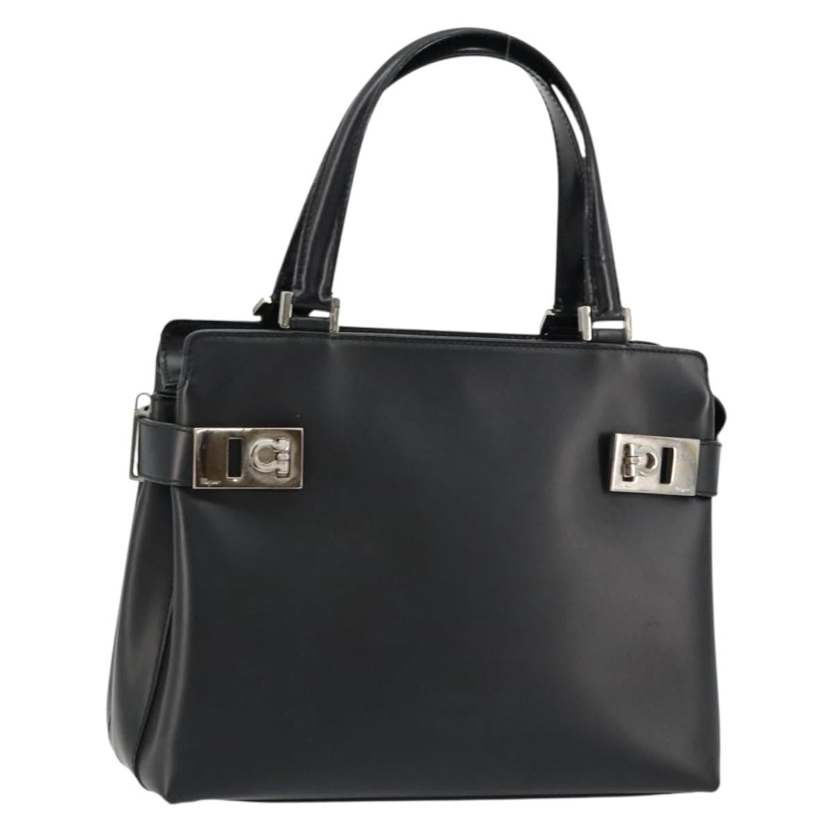 Salvatore Ferragamo Double Gancini Side Buckle Leather, Black, Leather, Tote Bag