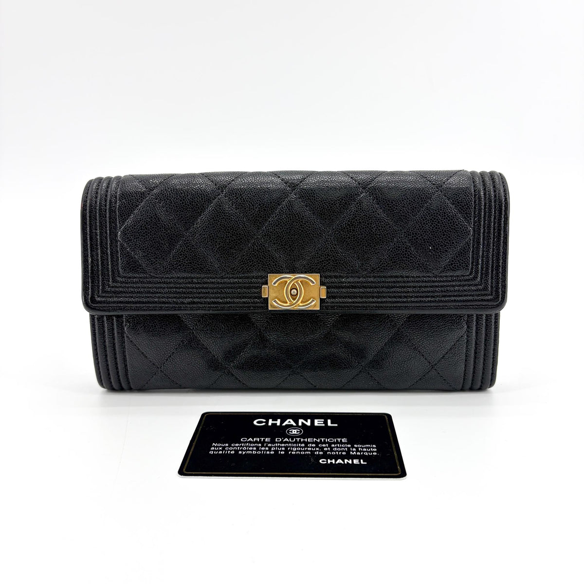Chanel Boy Flap Quilted Caviar, Black, Leather, Wallet