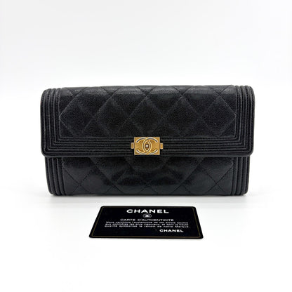 Chanel Boy Flap Quilted Caviar, Black, Leather, Wallet