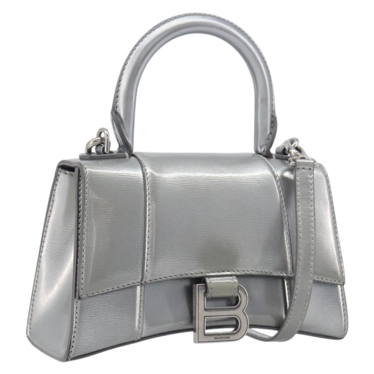 Balenciaga Hourglass Top Handle Leather, Silver, Leather, Handbag
