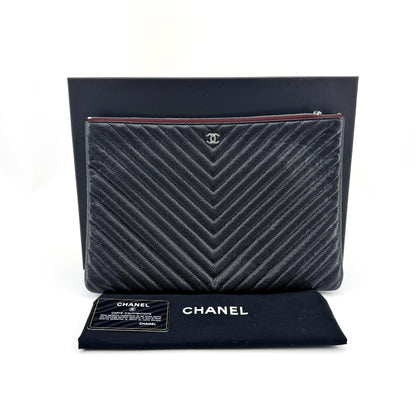 Chanel Charm O Case Chevron Lambskin, Black, Leather, Clutch