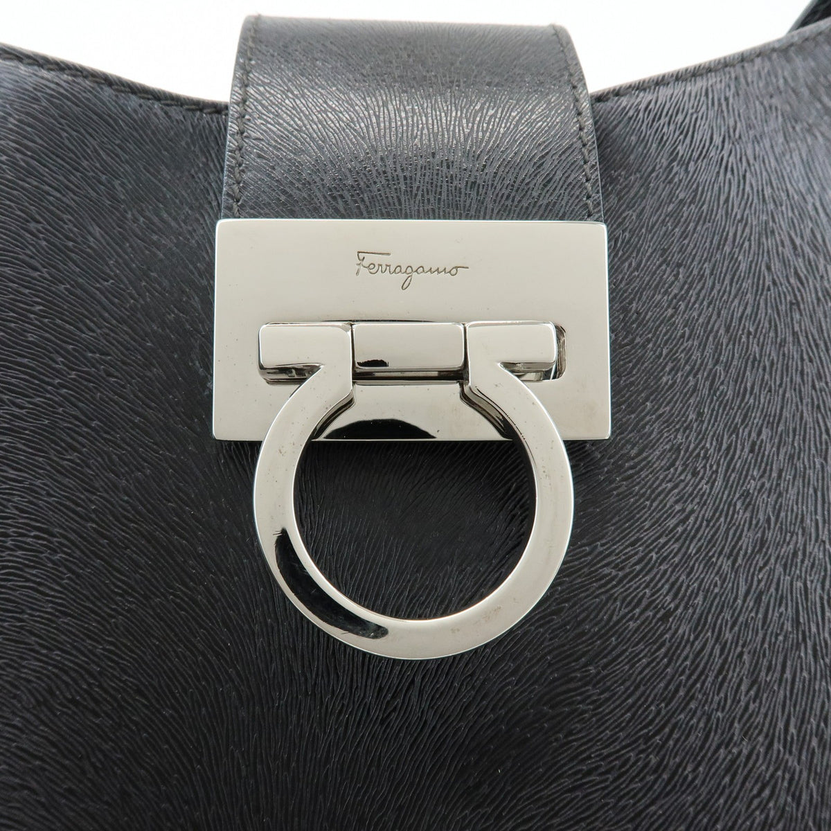 Salvatore Ferragamo Gancio Flap Hobo Leather, Black, Leather, Shoulder Bag