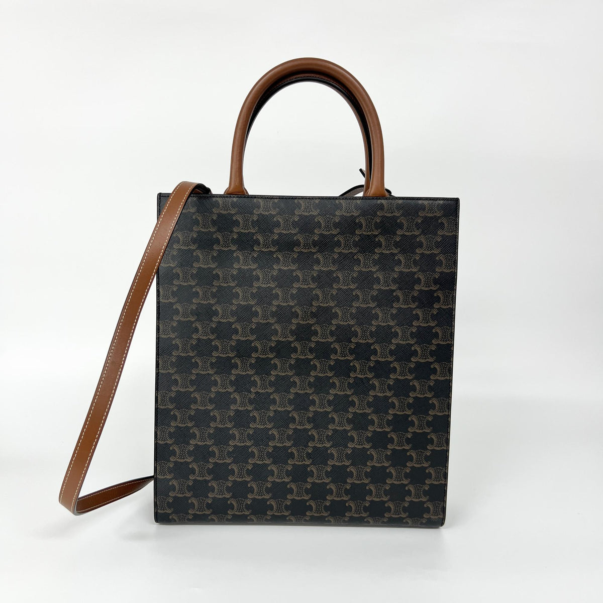 Celine Vertical Cabas Triomphe Coated Canvas, Brown, Canvas, Tote Bag