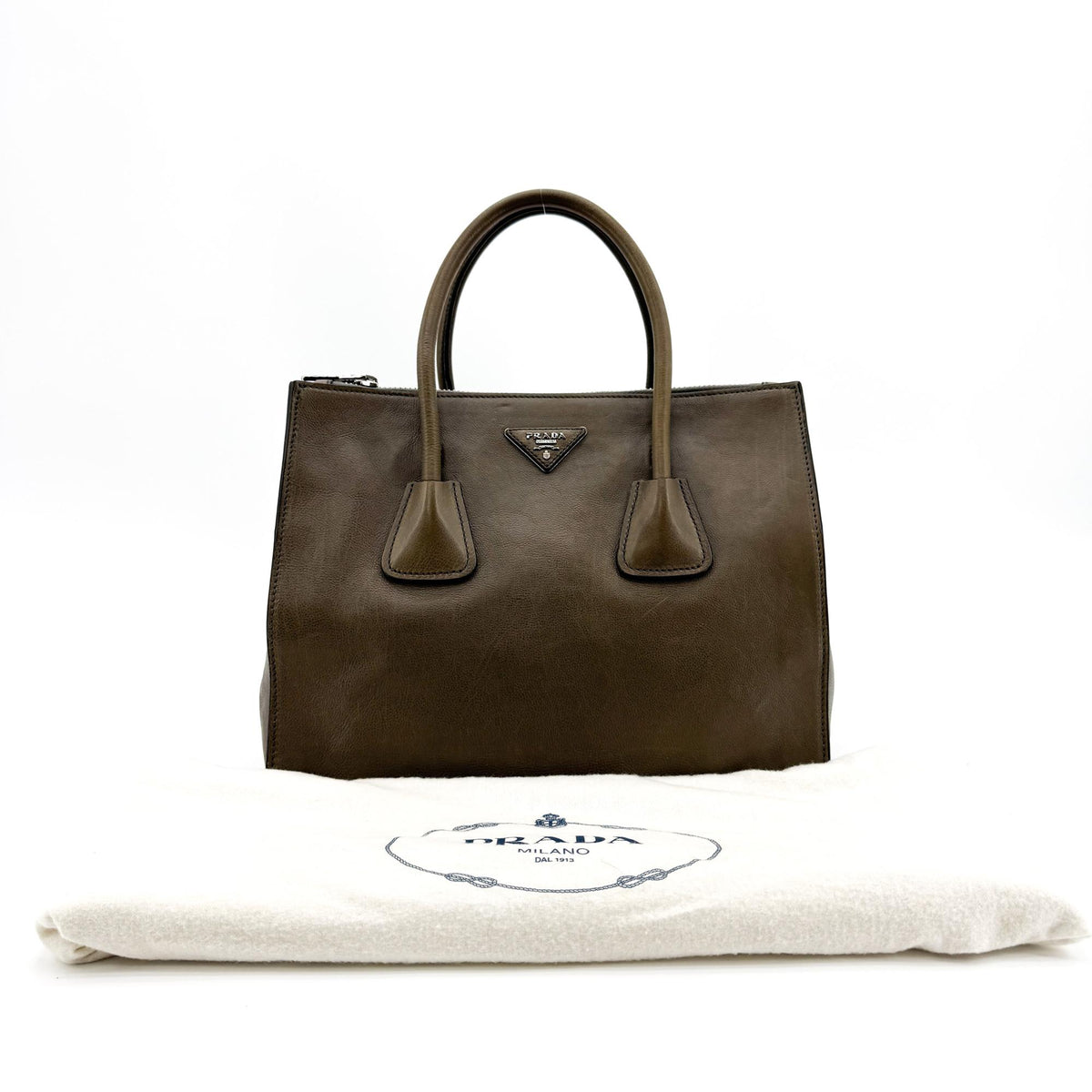 Prada Twin Shopping Vitello Daino, Brown, Leather, Tote Bag