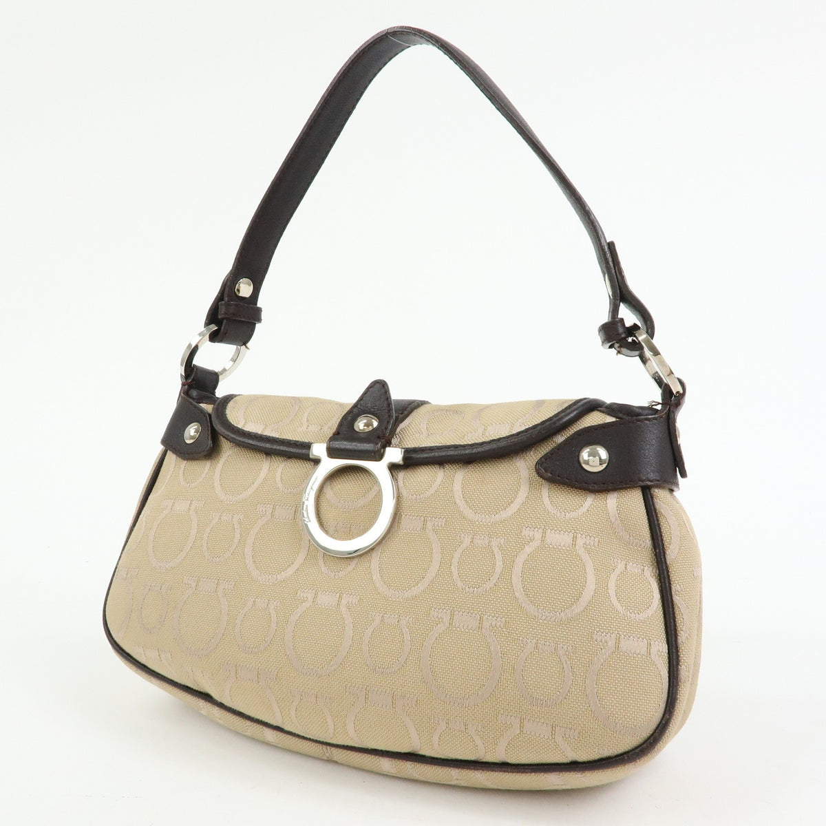 Salvatore Ferragamo Gancini Handle Leather, Beige, Canvas, Tote Bag
