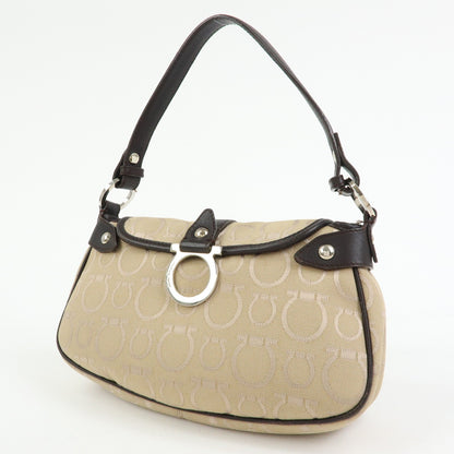 Salvatore Ferragamo Gancini Handle Leather, Beige, Canvas, Tote Bag