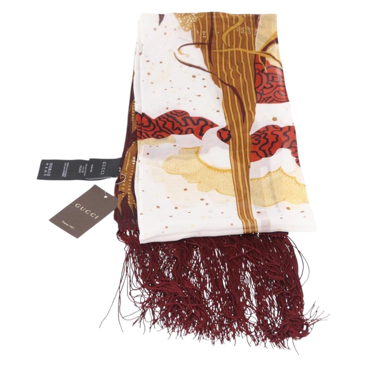 Gucci Printed Silk Fringed Scarf Silk, Burgundy, Silk, Scarf