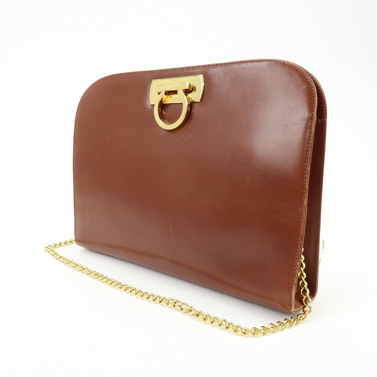 Salvatore Ferragamo Vintage Gancini Chain Leather, Brown, Leather, Shoulder Bag