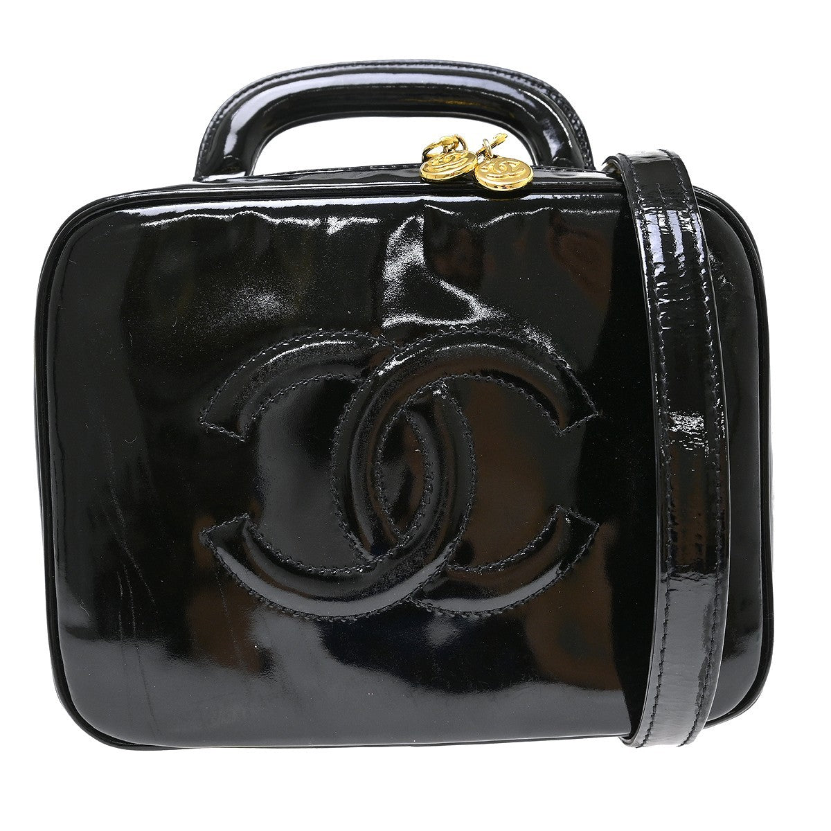 Chanel Vintage Timeless Zip Around Vanity Case Patent, Black, Patent Leather, Handbag