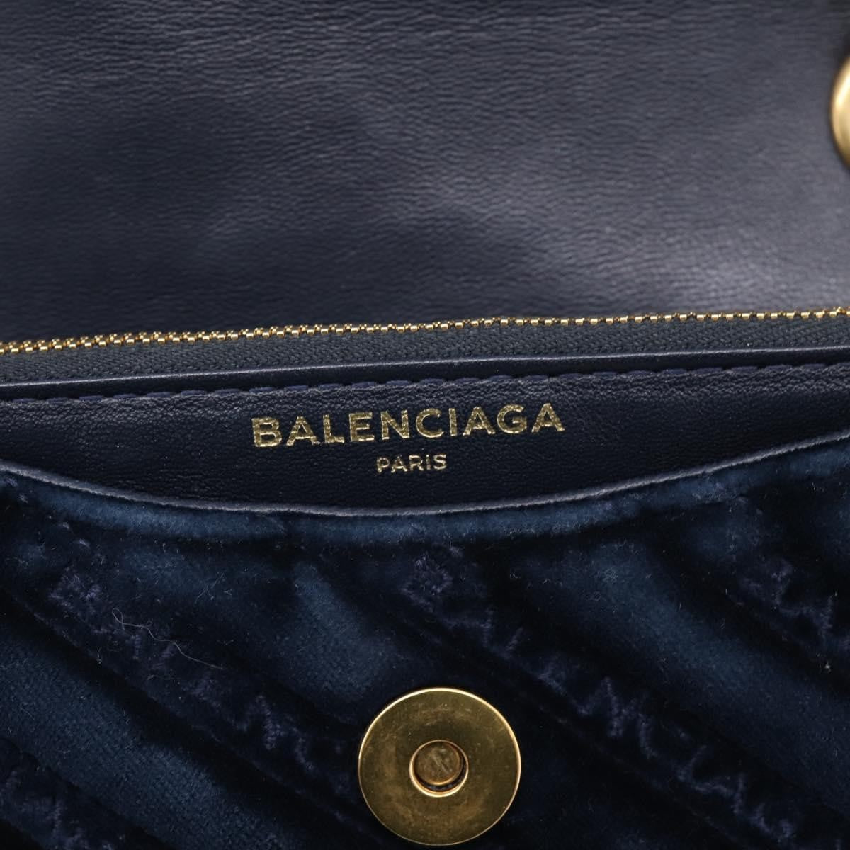 Balenciaga BB Chain Round Quilted Velvet, Navy, Velvet, Shoulder Bag