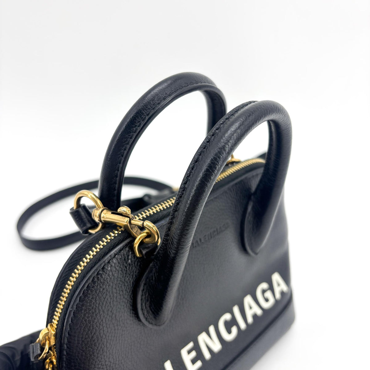 Balenciaga Logo Ville Leather, Black, Leather, Handbag
