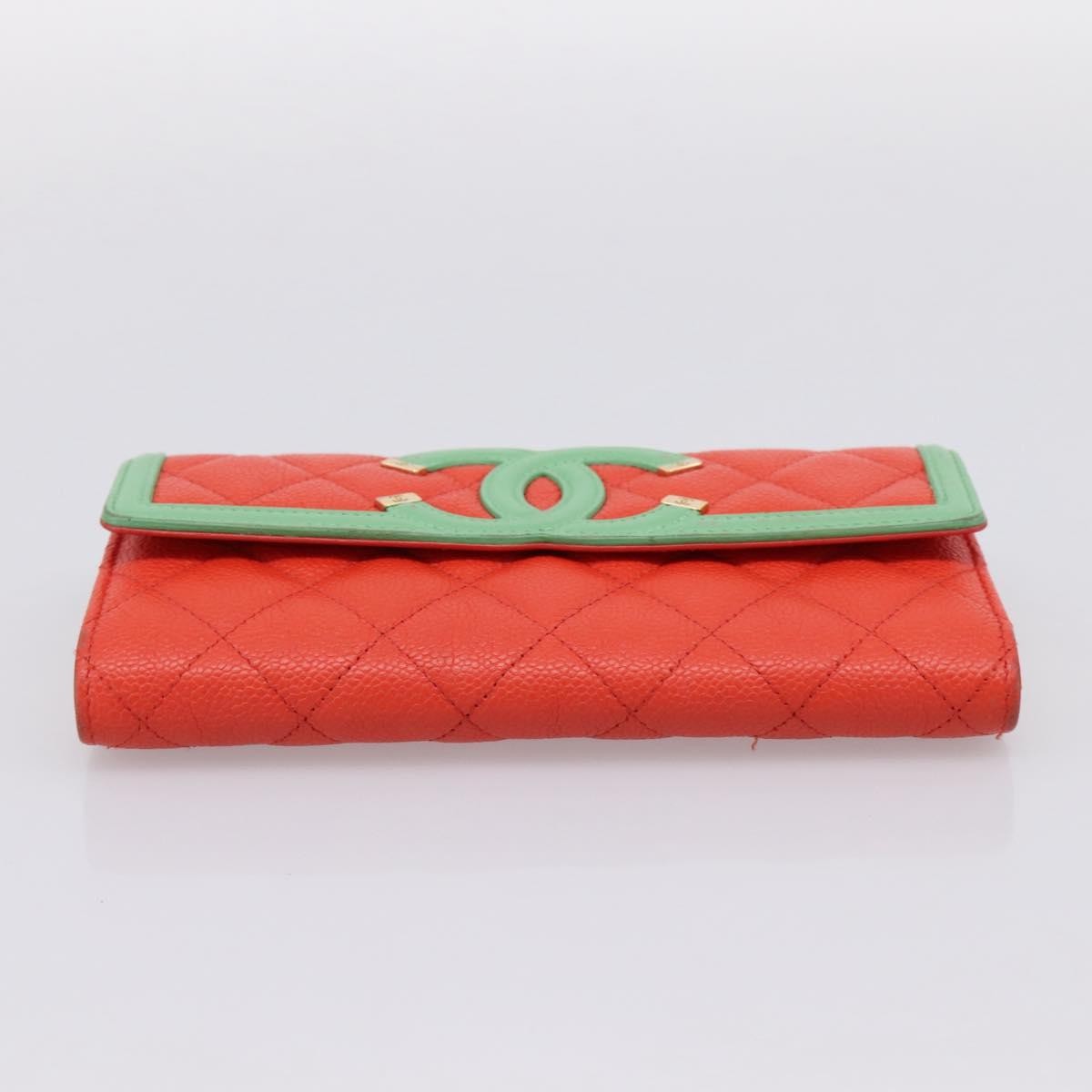 Chanel Filigree Flap Quilted Caviar, Red, Leather, Wallet