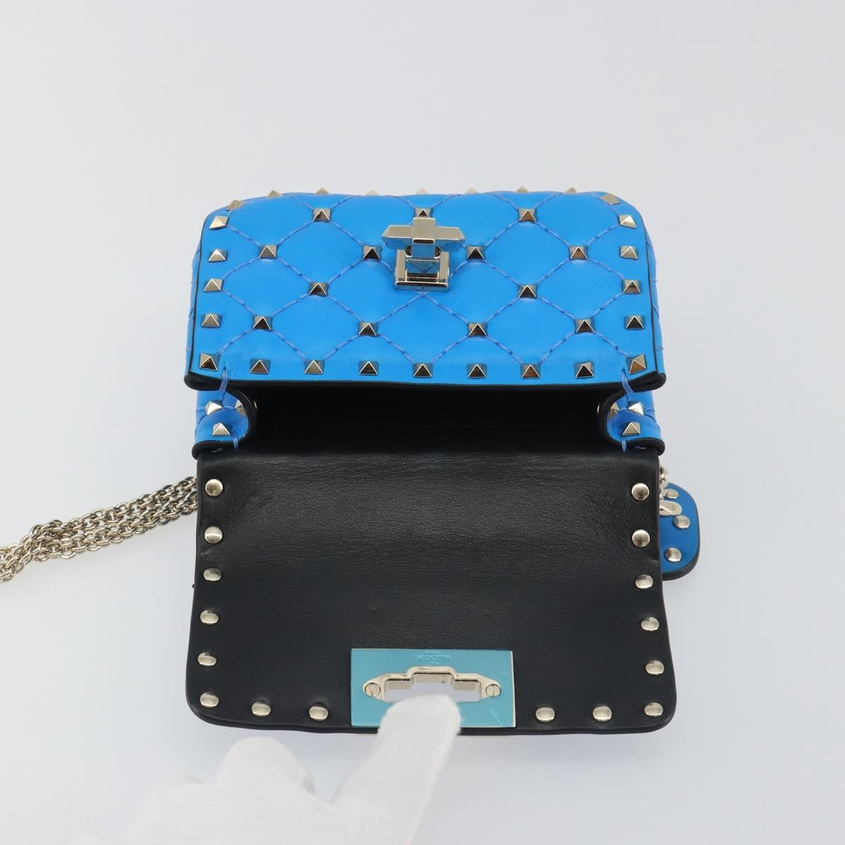 Valentino Garavani Rockstud Spike Flap Quilted Leather, Blue, Leather, Shoulder Bag