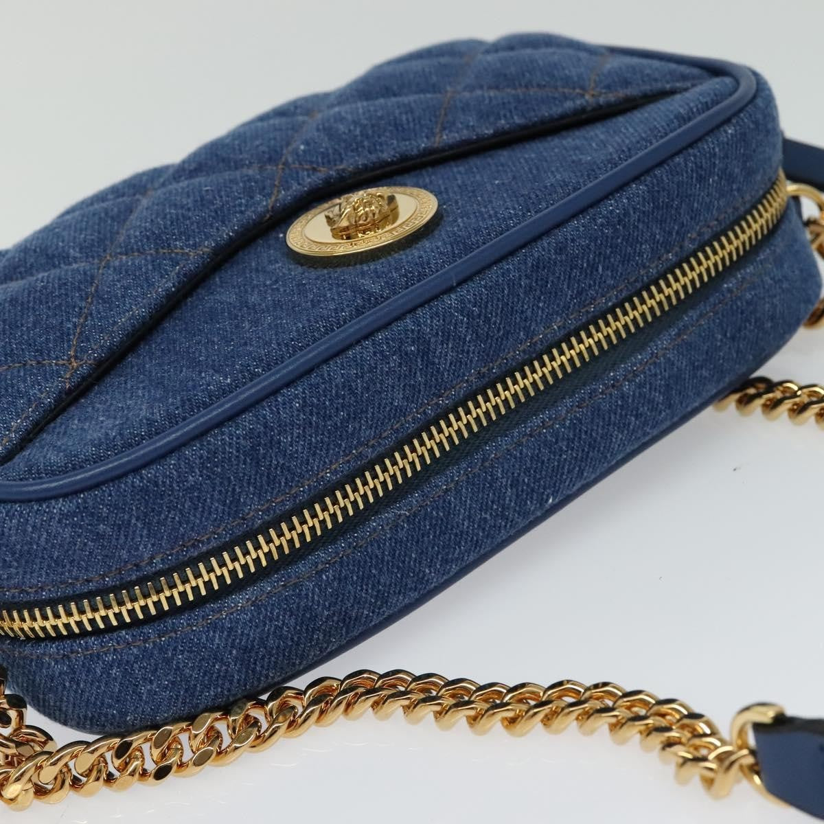 Versace Medusa Icon Front Slip Pocket Camera Quilted Denim, Blue, Canvas, Shoulder Bag