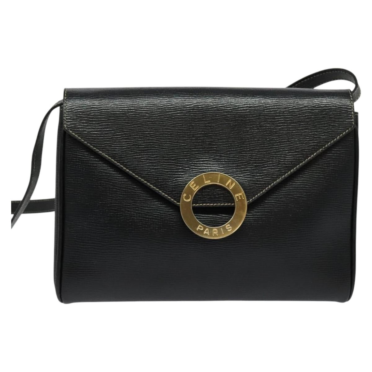 Celine Vintage Circle Logo Leather, Black, Leather, Handbag