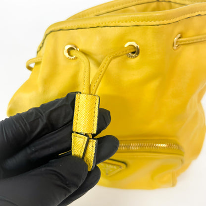 Prada Duet Drawstring Bucket Leather, Yellow, Leather, Handbag