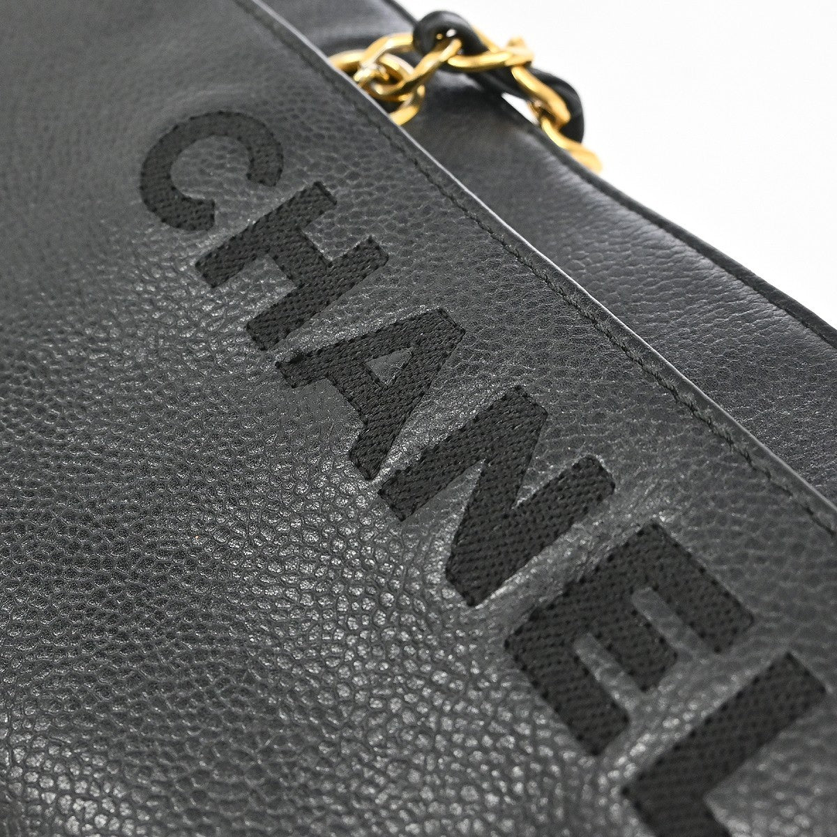 Chanel Vintage Logo Chain Tote Caviar, Black, Leather, Tote Bag