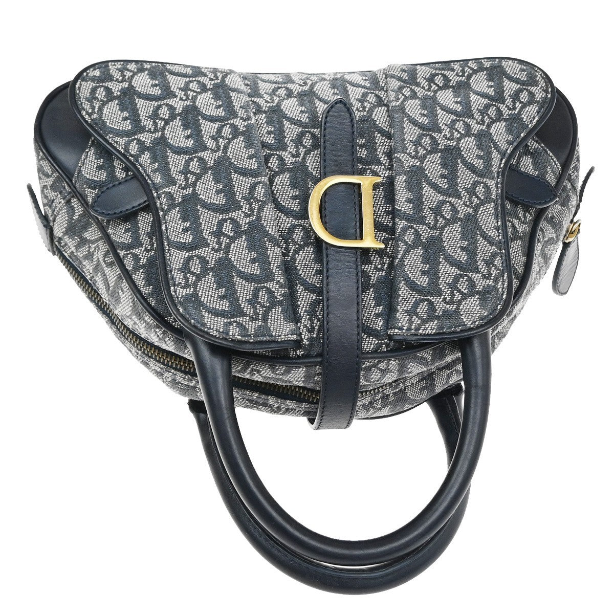 Christian Dior Vintage Saddle Bowler Diorissimo Canvas, Navy, Canvas, Handbag