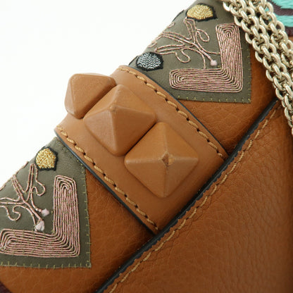Valentino Garavani Glam Lock Leather, Brown, Leather, Shoulder Bag