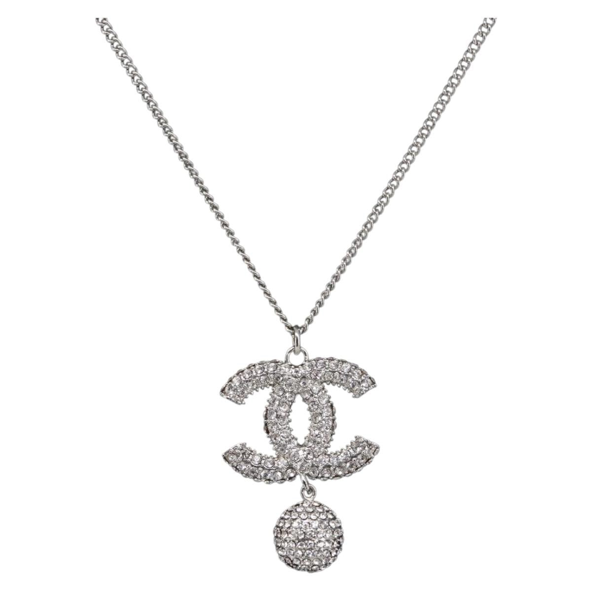 Chanel CC Ball Drop Pendant Metal with Crystals, Silver, Metal, Necklace