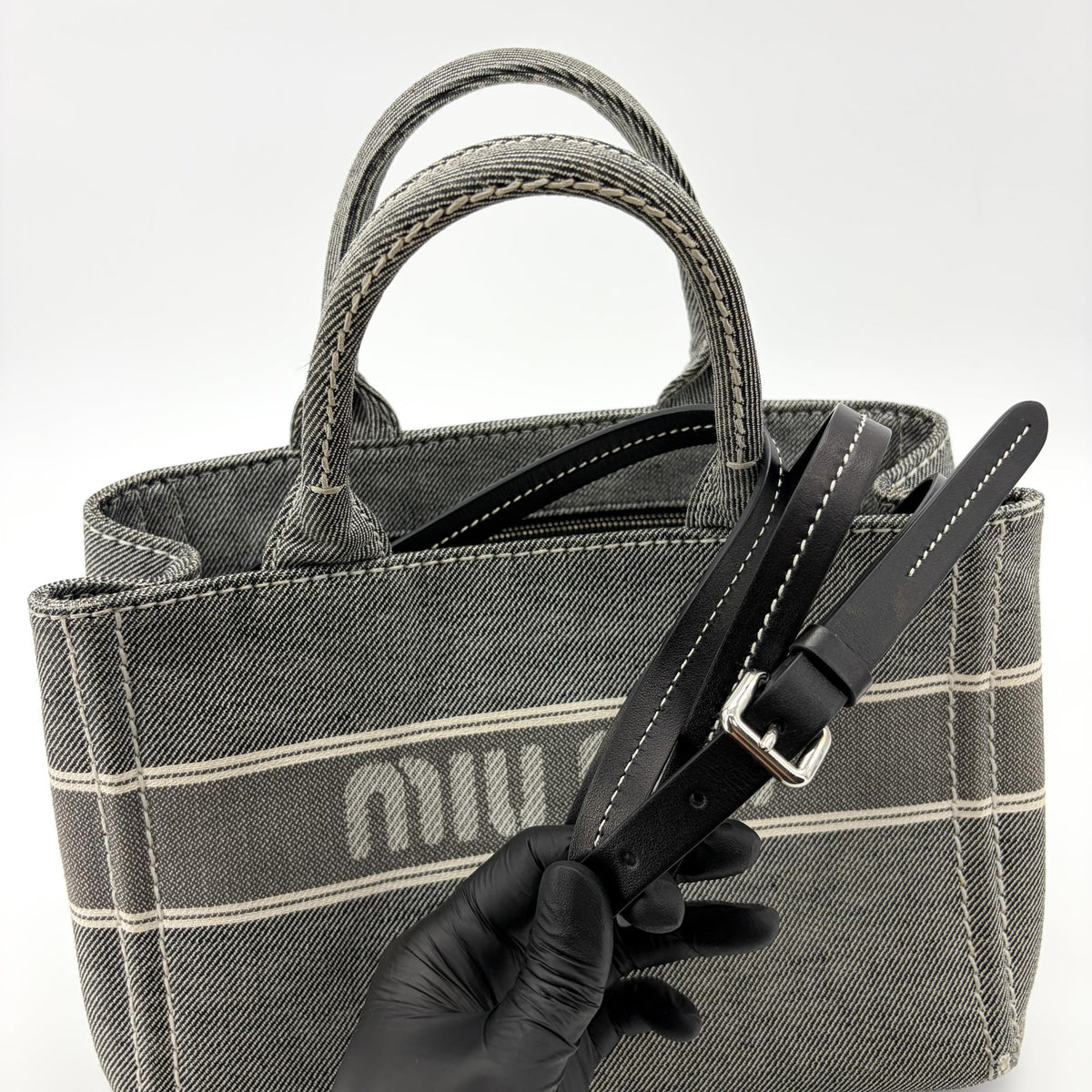 Miu Miu My Logo Leather, Black, Denim, Crossbody Bag